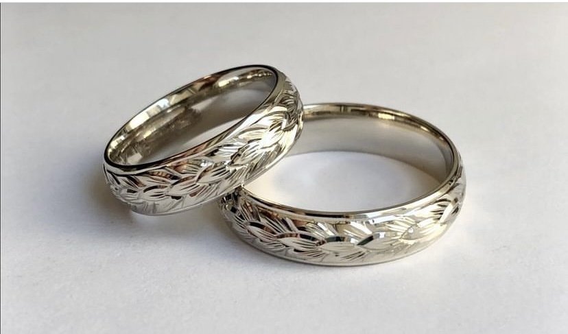 Tri-wheat hand-engraved matching white gold wedding band set his and hers — Bear Goldsmithing Toronto