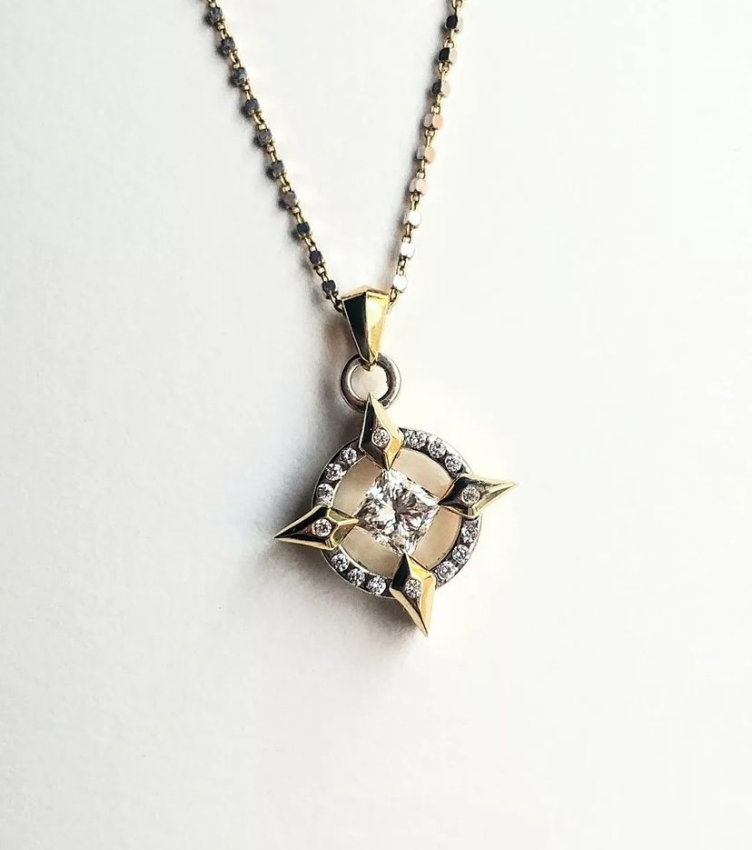 Polaris North Star compass princess cut diamond pendant in two-tone gold with diamond halo — Bear Goldsmithing Toronto
