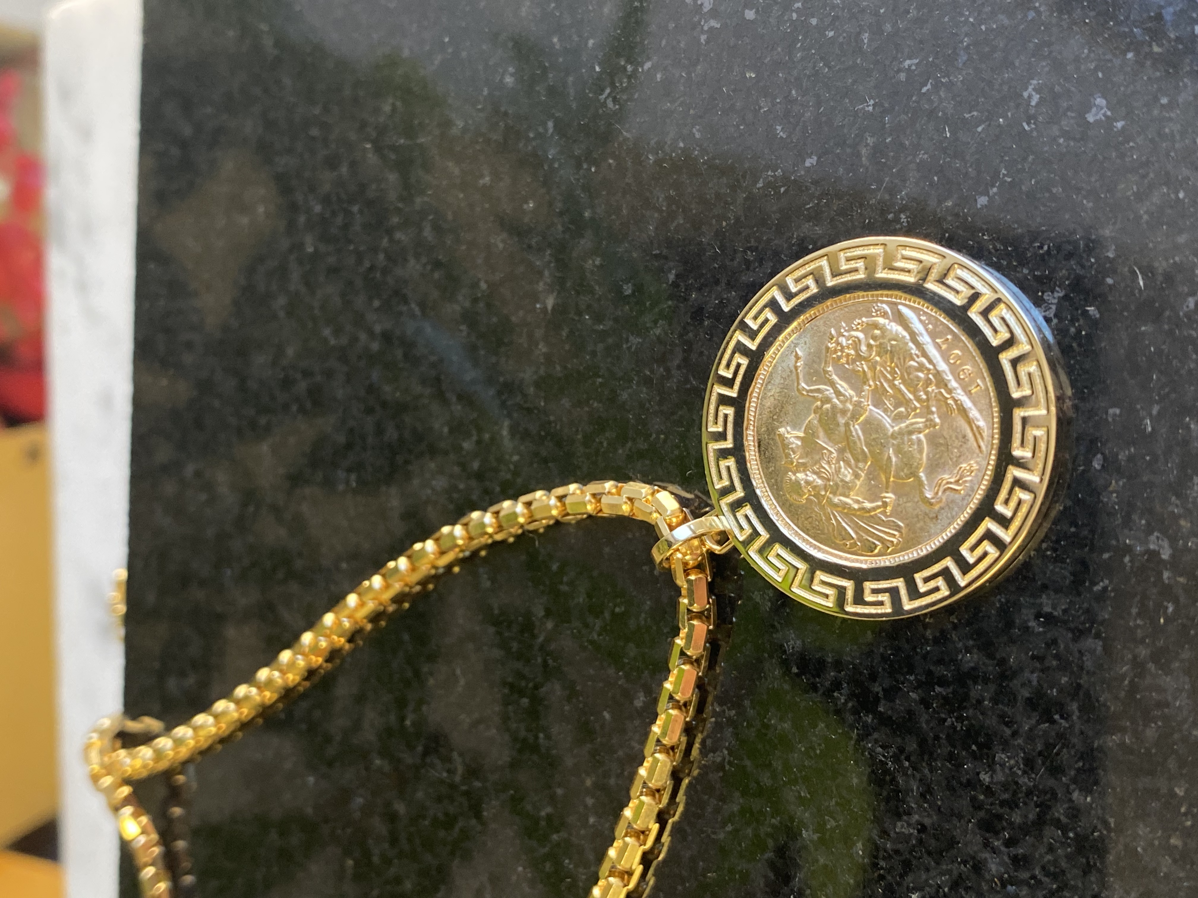Antique British sovereign coin pendant with Greek key bezel on gold chain — Bear Goldsmithing Toronto