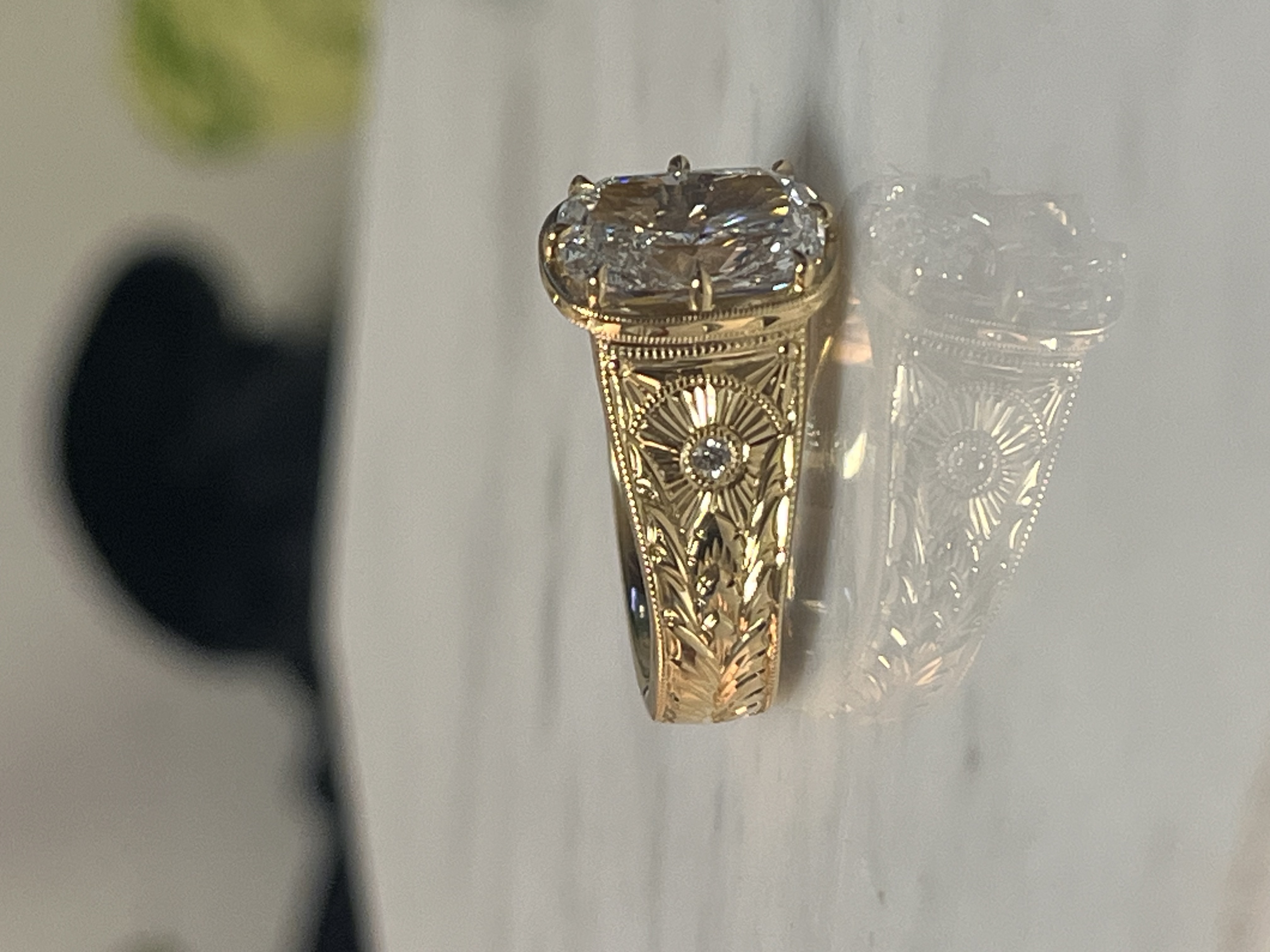Hand-engraved sunburst and floral band detail on 2.77ct cushion diamond ring — Bear Goldsmithing Toronto
