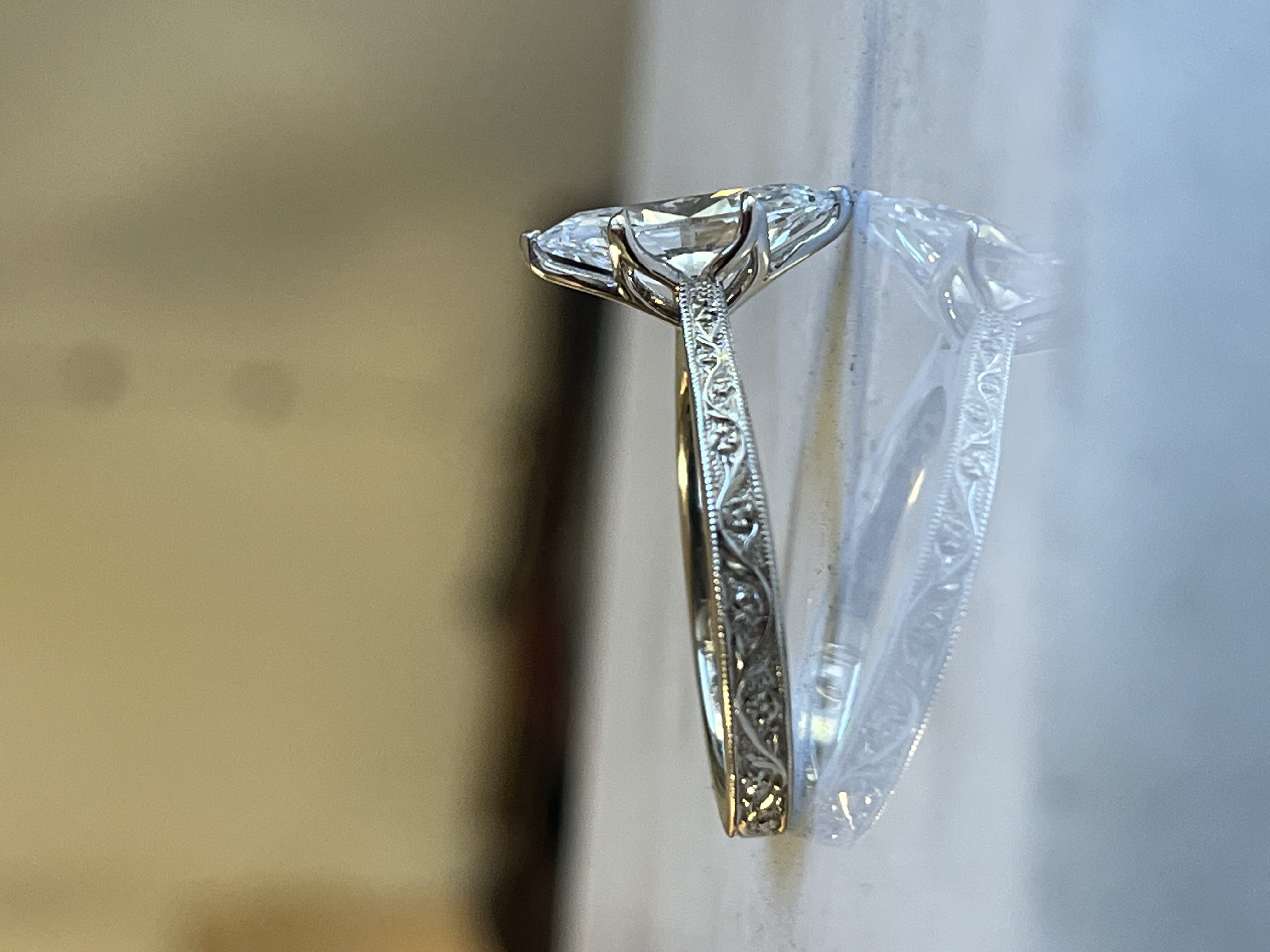 Hexagonal marquise diamond engagement ring with hand-engraved band — Toronto custom goldsmith