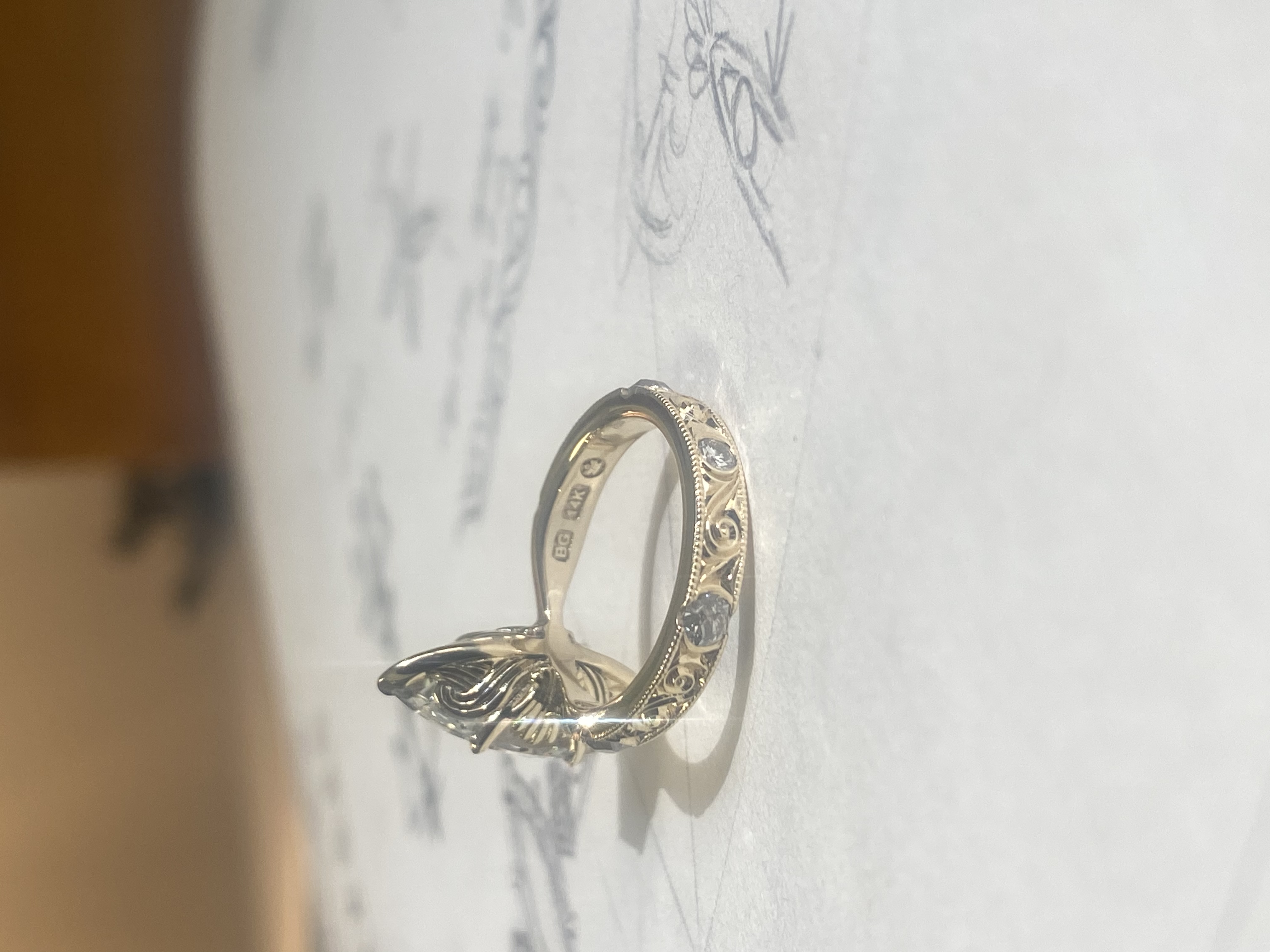 Marquise diamond ring straight face-on 0 degrees on design sketches — Bear Goldsmithing Toronto