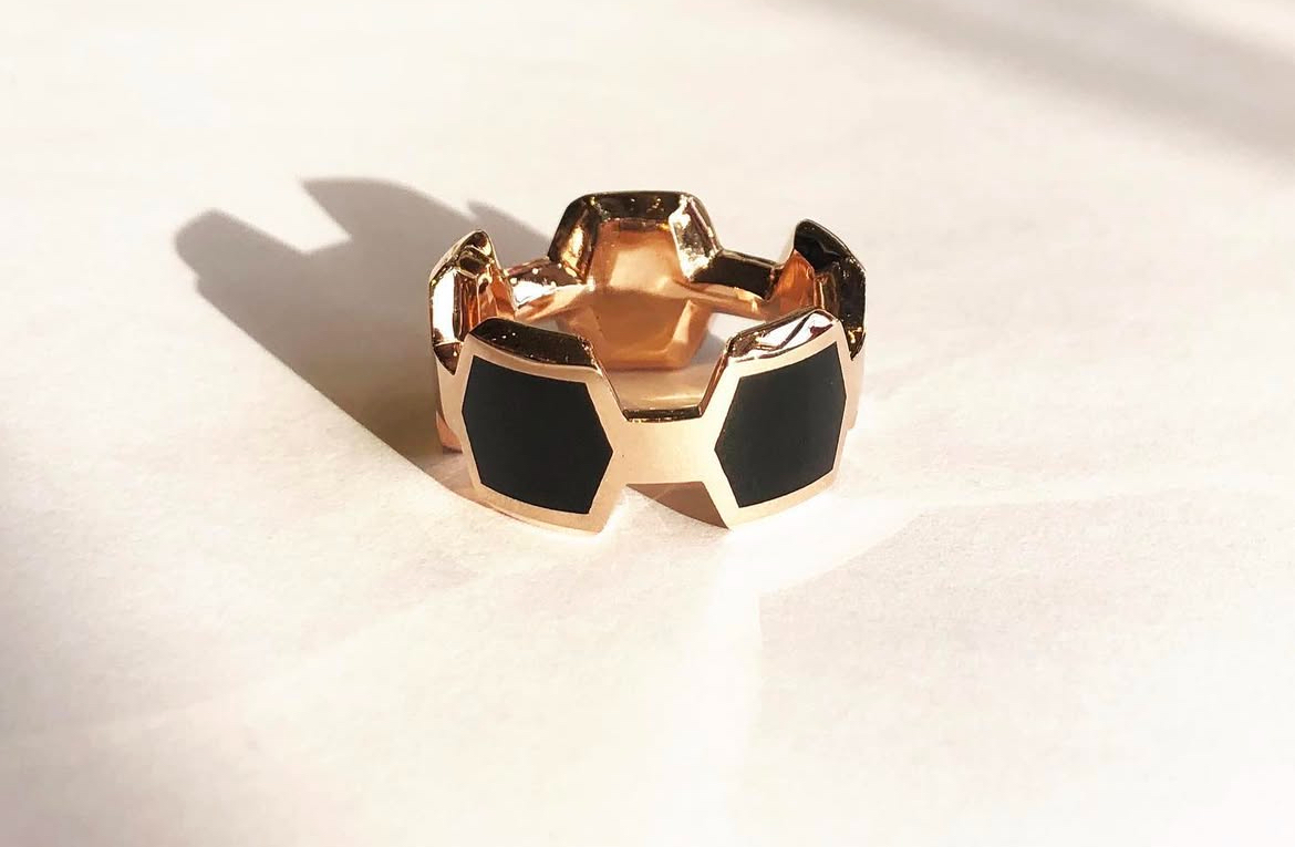 Black onyx hexagonal inlay mens ring 14k rose gold — Bear Goldsmithing Toronto