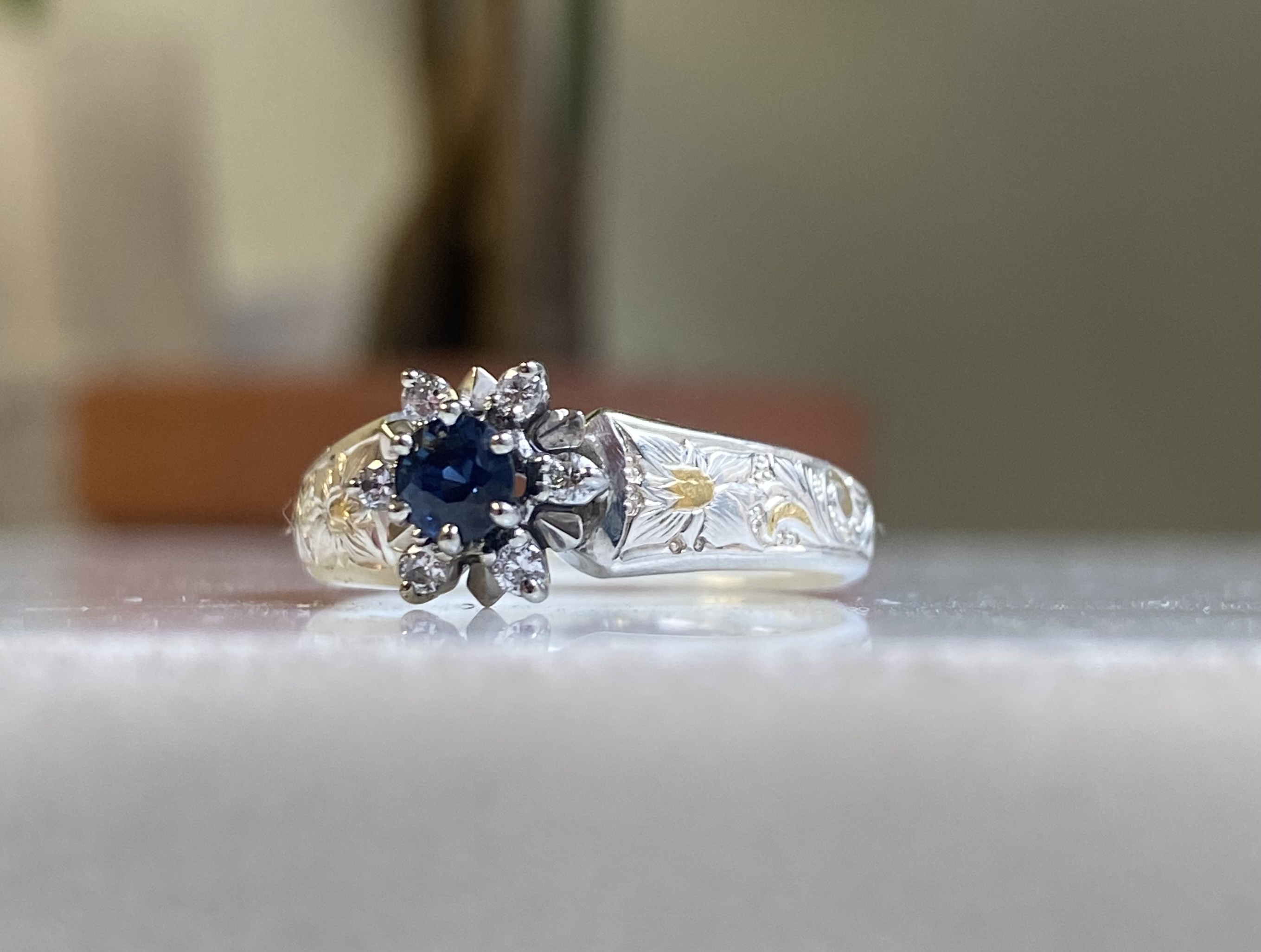 Vintage white gold sapphire and diamond cluster ring with hand-engraved silver band and 24k yellow gold inlay — Bear Goldsmithing Toronto