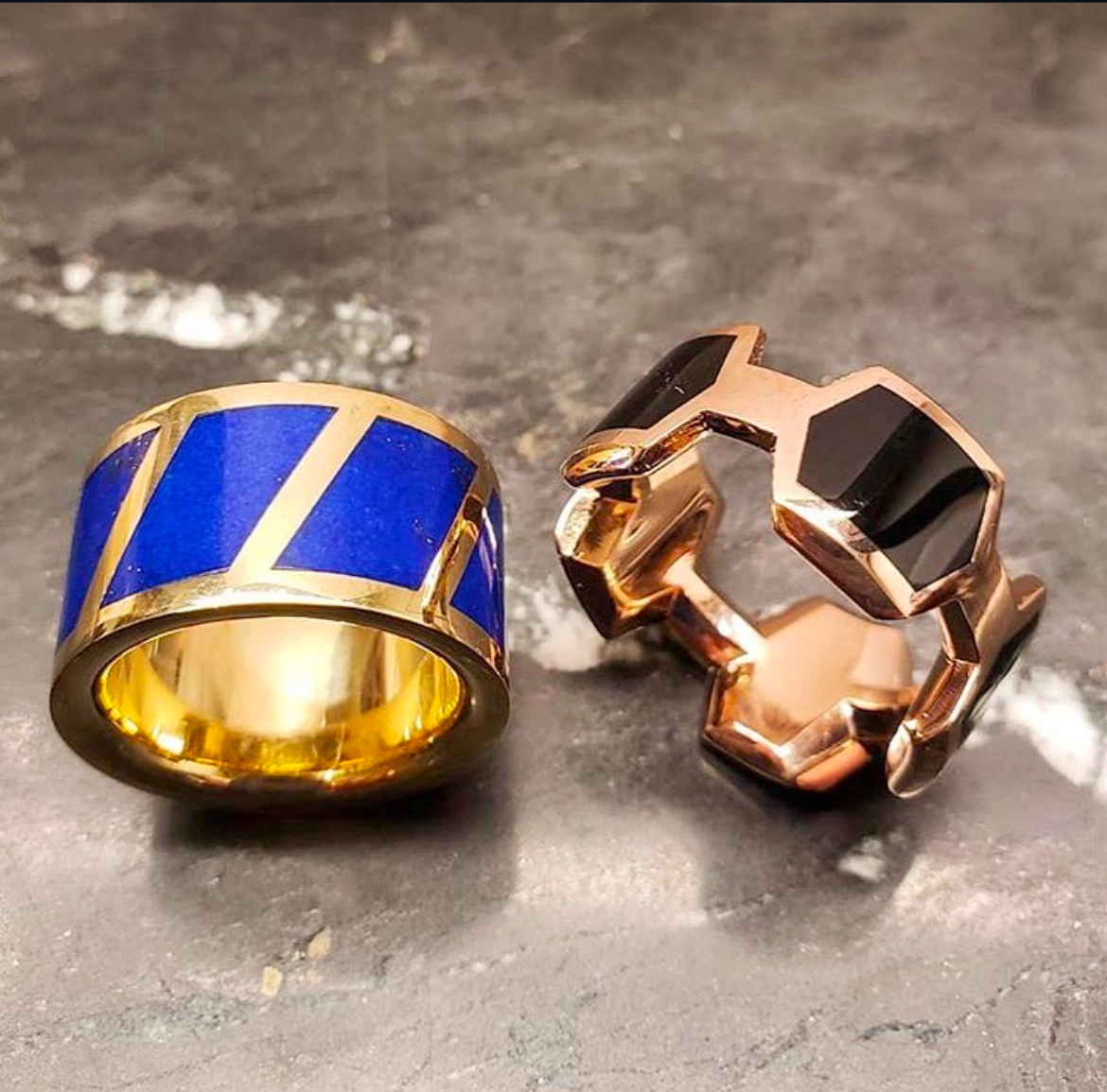 Mens fashion rings lapis lazuli inlay 18k yellow gold and black onyx inlay 14k rose gold — Bear Goldsmithing Toronto