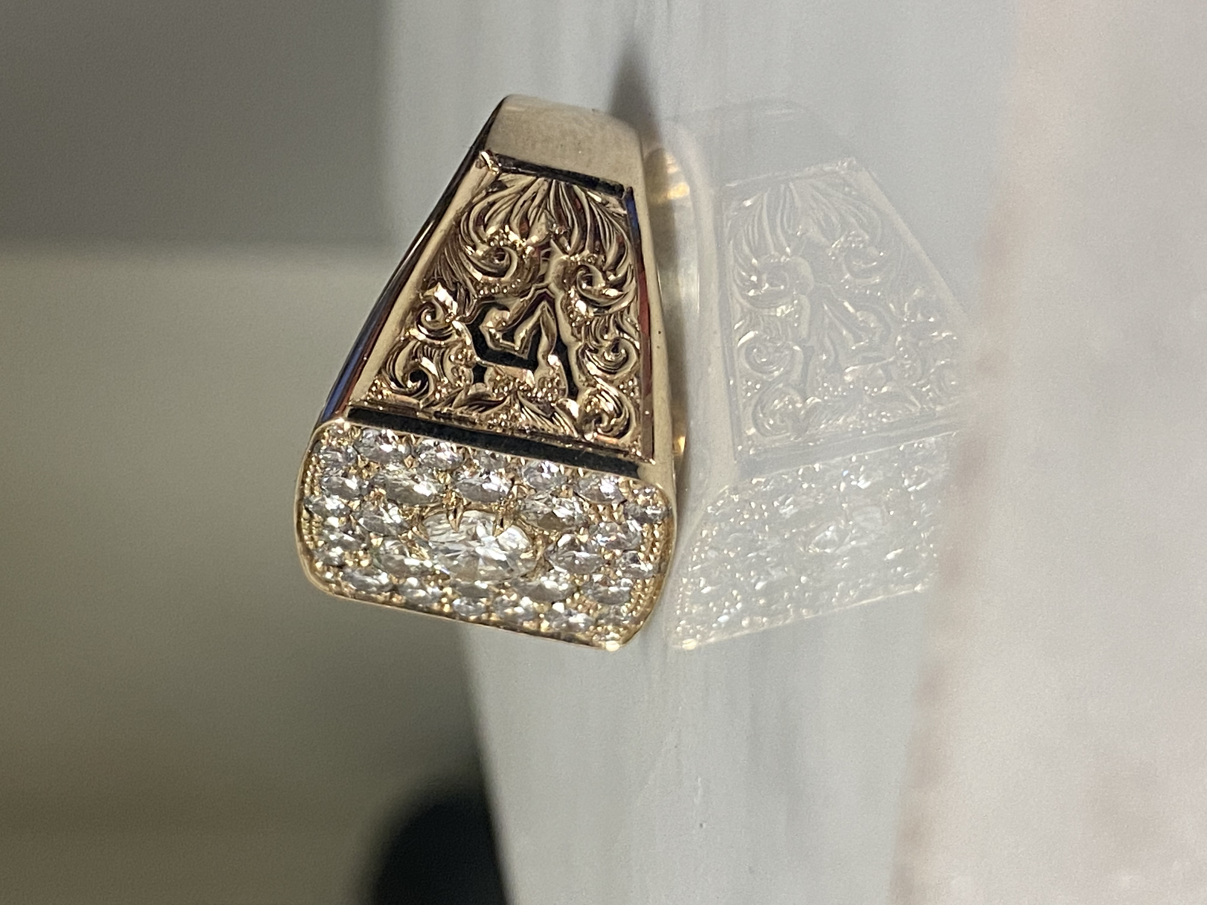 Diamond pave signet ring with hand-engraved shank in yellow gold — Toronto goldsmith